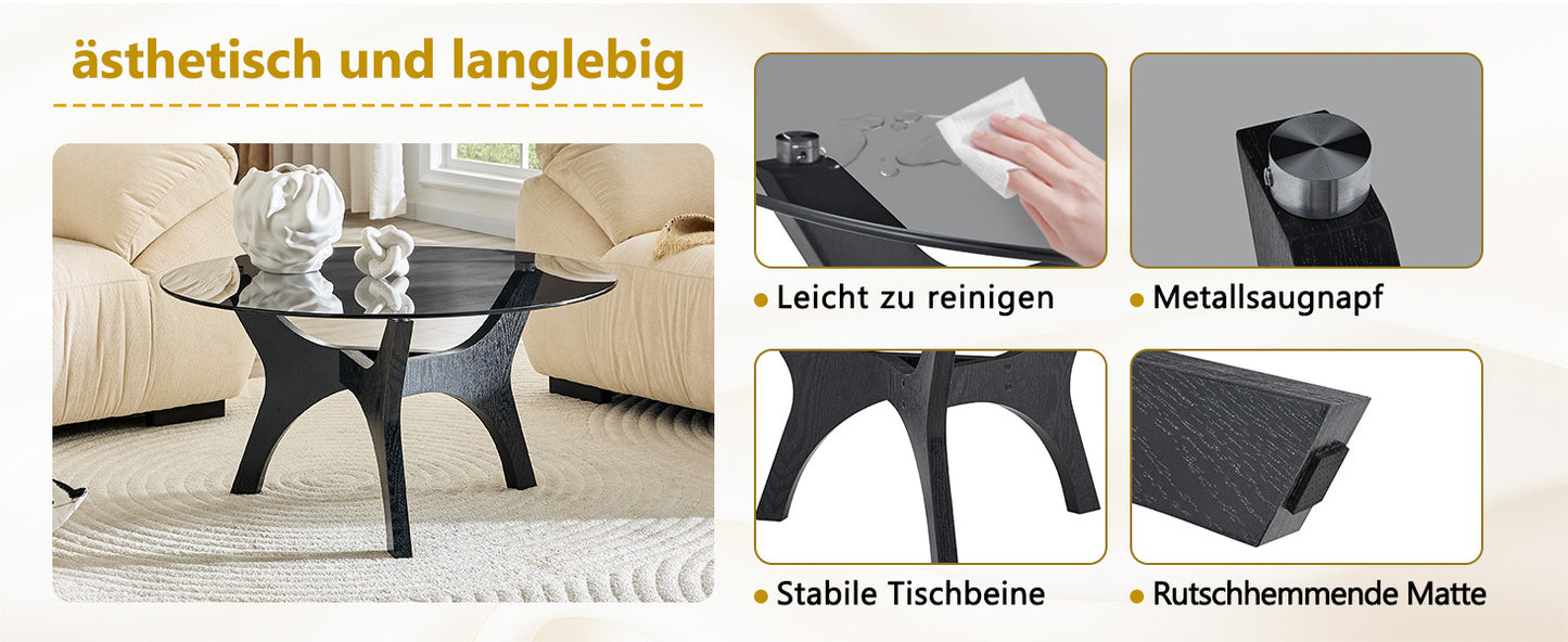 Runder Couchtisch mit Glasplatte, Moderner Wohnzimmertisch mit schwarzem Holzrahmen, Stabiler Kaffeetisch 80cm, Hitze- & Kratzfest, für Wohnzimmer, Büro & Lounge