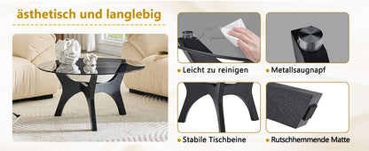 Runder Couchtisch mit Glasplatte, Moderner Wohnzimmertisch mit schwarzem Holzrahmen, Stabiler Kaffeetisch 80cm, Hitze- & Kratzfest, für Wohnzimmer, Büro & Lounge