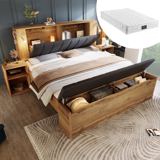 Gigab2b original image - Doppelbett 160 x 200 cm Holzbett mit klappbarem Kopfteil aus Leinenstoff Stauraum zwei Nachttische Bettbank mit Stauraum Leselampen mit USB Lattenrost Eiche Farbe Mit Matratze