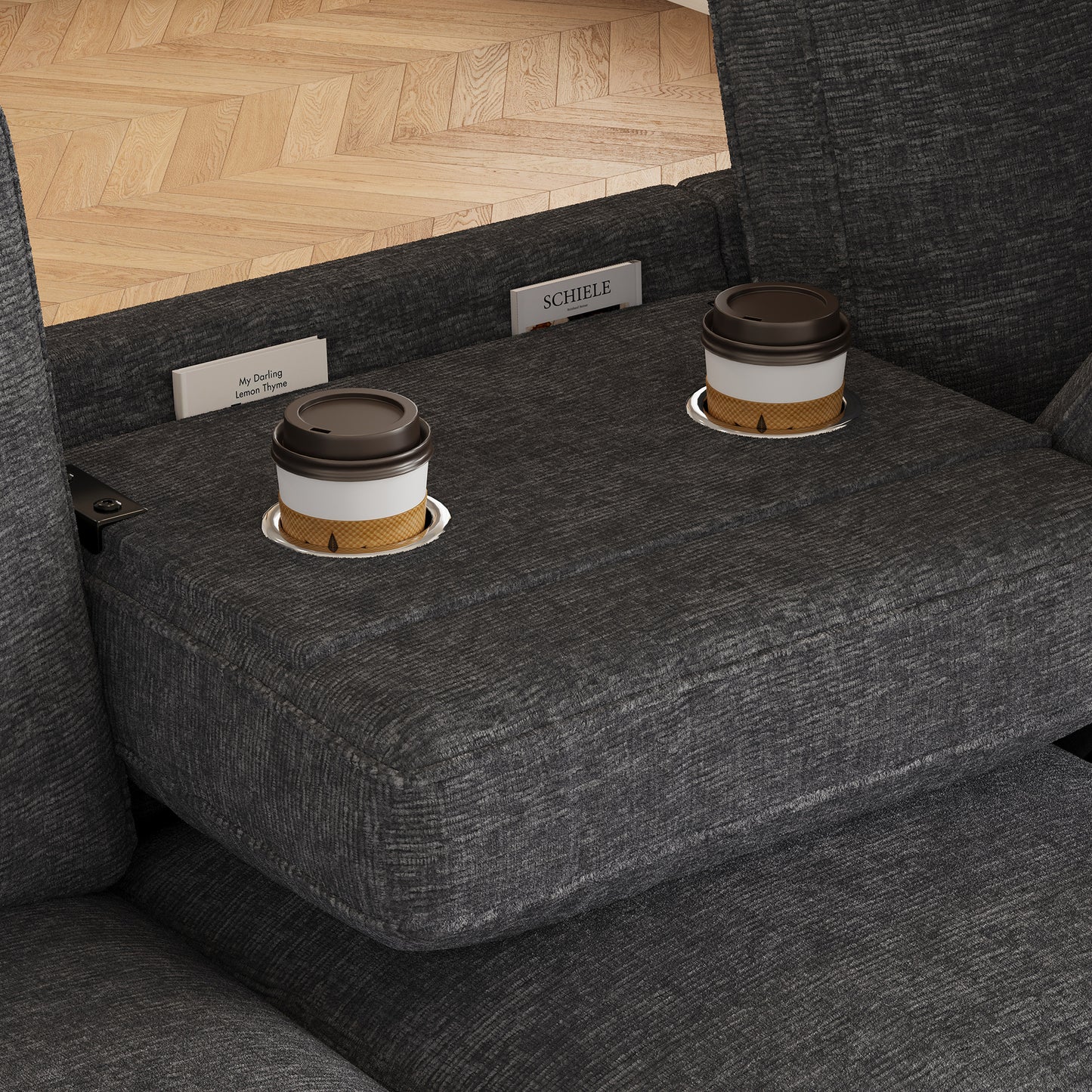 Modernes Chenille L-Form Sofa 3-Sitzer + Chaiselongue Ecksofa, Chaiselongue mit aufklappbarem Stauraum, klappbare Rückenlehne mit Getränkehaltern, multifunktionales modulares Sofa, Grau, 280×136×82cm