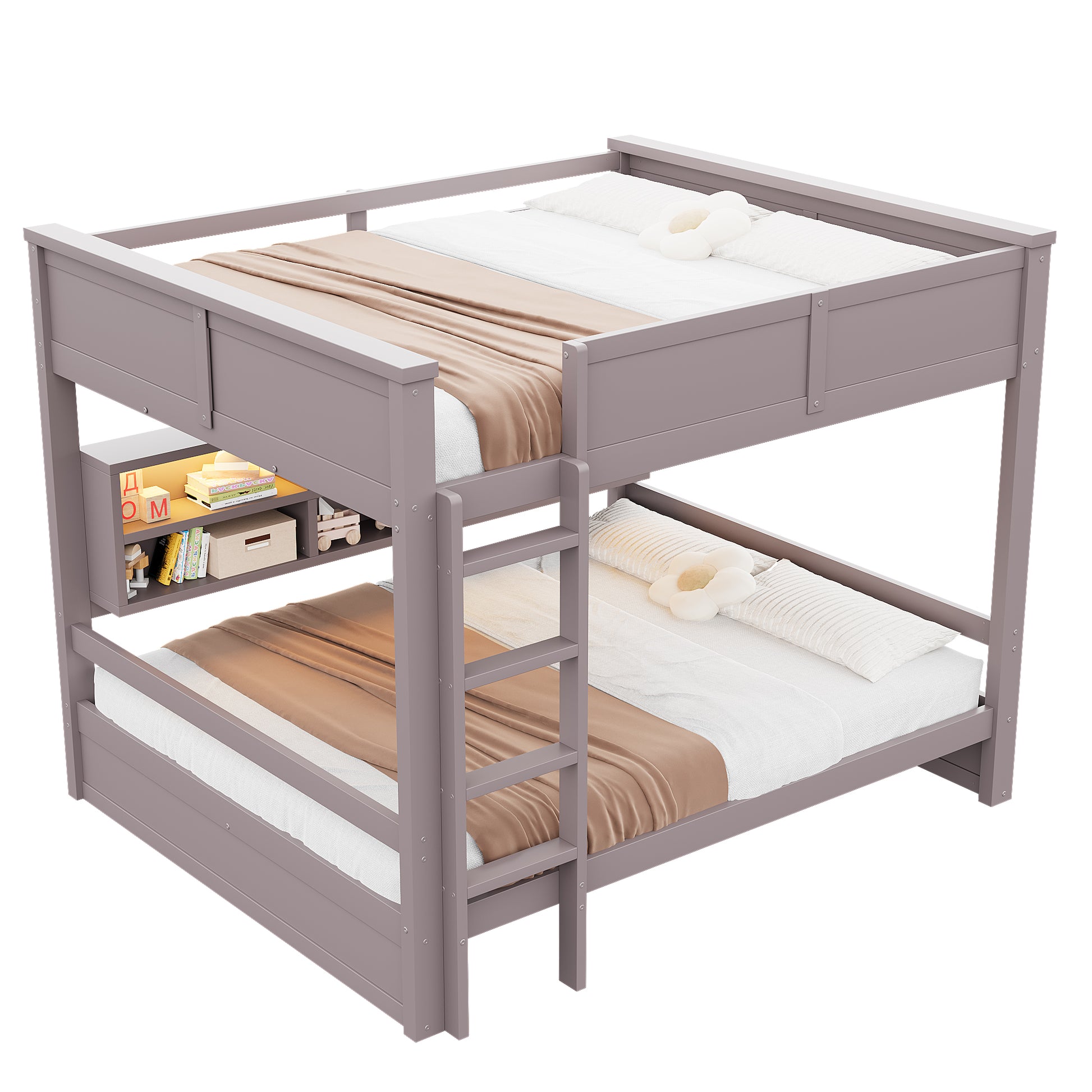 160x200 Etagenbett mit Stauraumschränken und LED-Licht, Braun