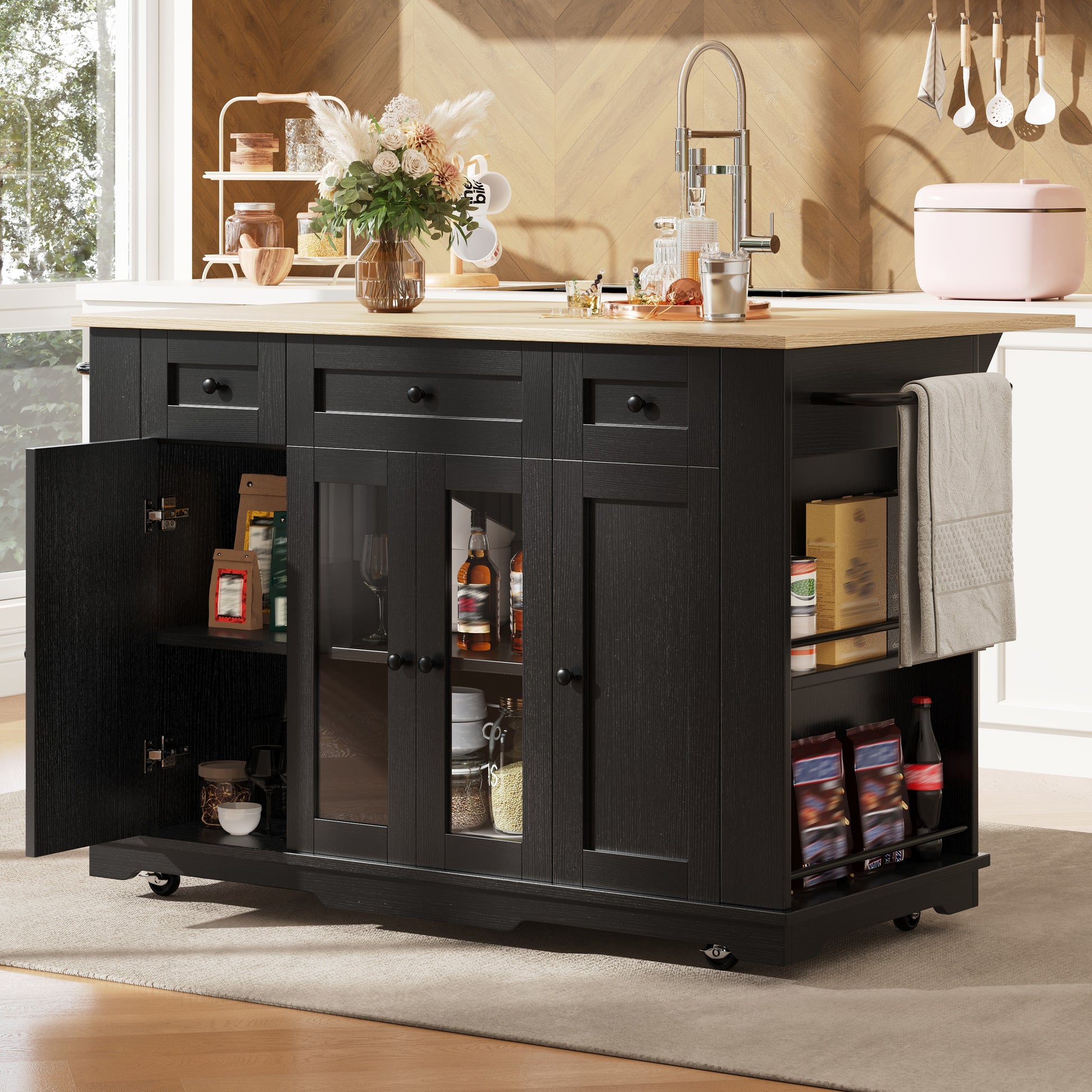 Gigab2b original image - Kücheninsel, abnehmbare Trennwände, Küchenschrank, Esszimmerwagen mit Arbeitsplatte, Buffetschrank, Esszimmerwagen mit Holzmaserung, Buffetschrank, Schrank aus gehärtetem Glas, Schwarz