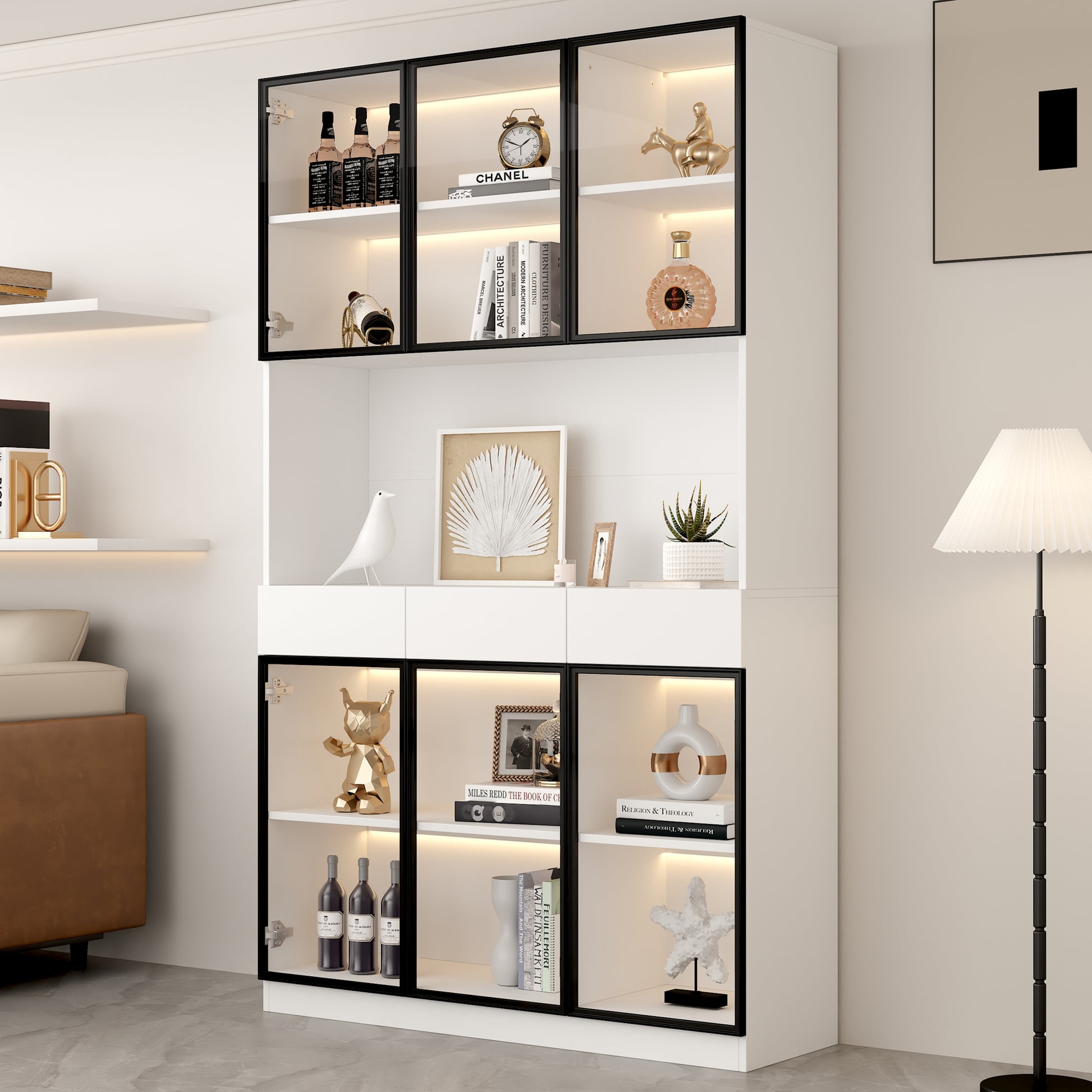 Gigab2b original image - Glasschrank Tür 200cm hoch Weißer Vitrinenschrank mit LED Lichtern, Multi Storage Bücherregal für Sammlung Schlafzimmer Wohnzimmer Büro, Weiß - Schwarzer Türrahmen