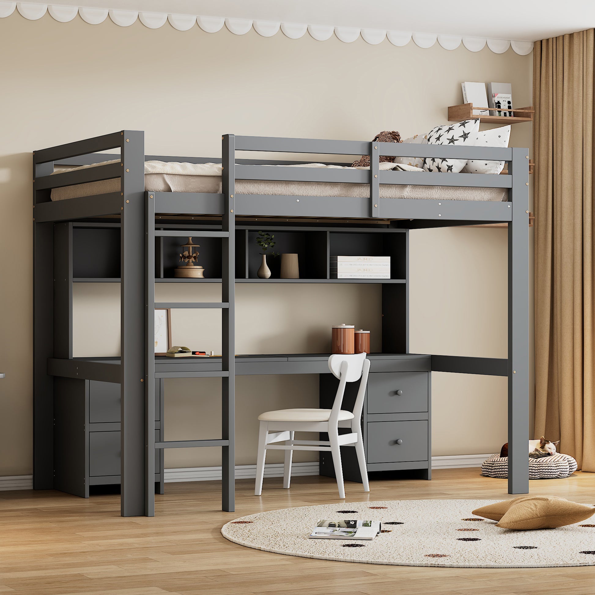 90*200cm Hochbett, Kinderbetten, Bett oben, Tisch unten, Großer Stauraum, Hohes Geländer, Stabile Treppe, Grau