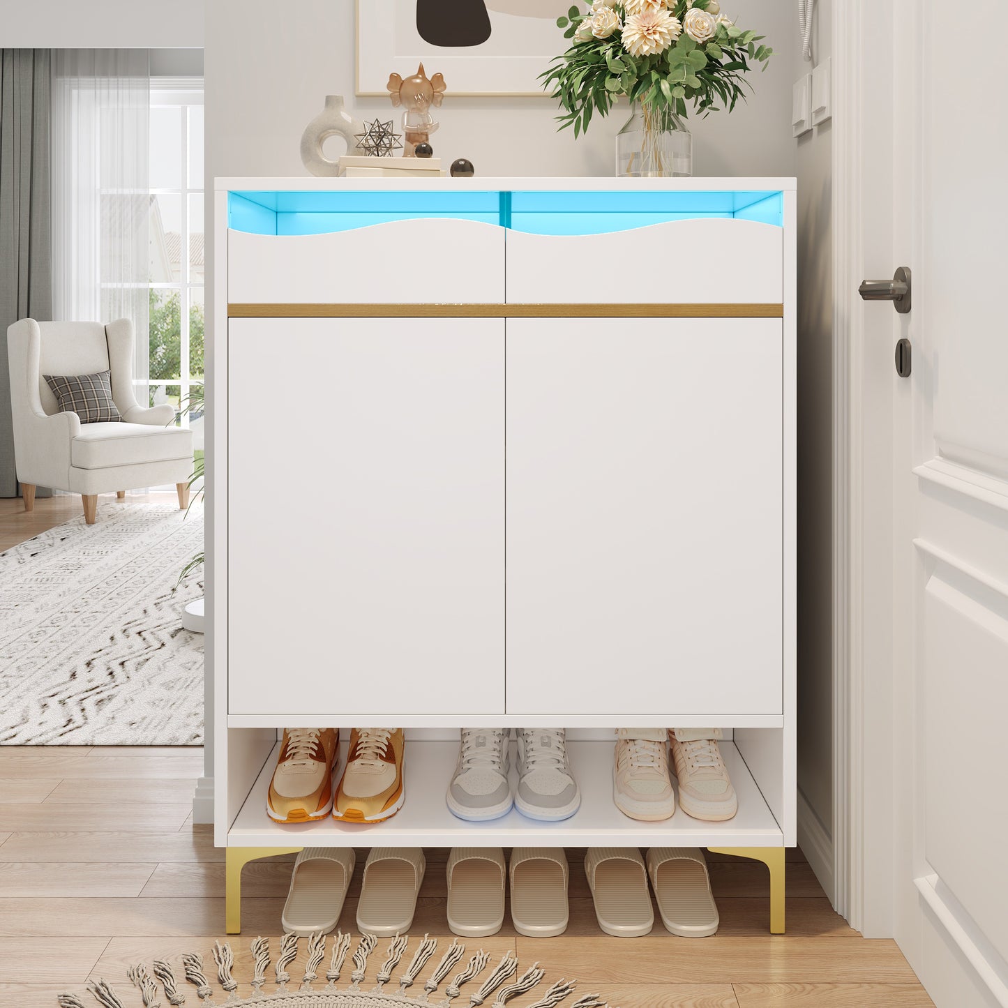 Gigab2b original image - Moderner weißer Schuhschrank mit LED 16 Farben – Platzsparender Flurschrank 80×35×105 cm mit Schubladen & Ablagen – Stauraum, Design, Beleuchtung für Flur, Wohnzimmer & Eingangsbereich