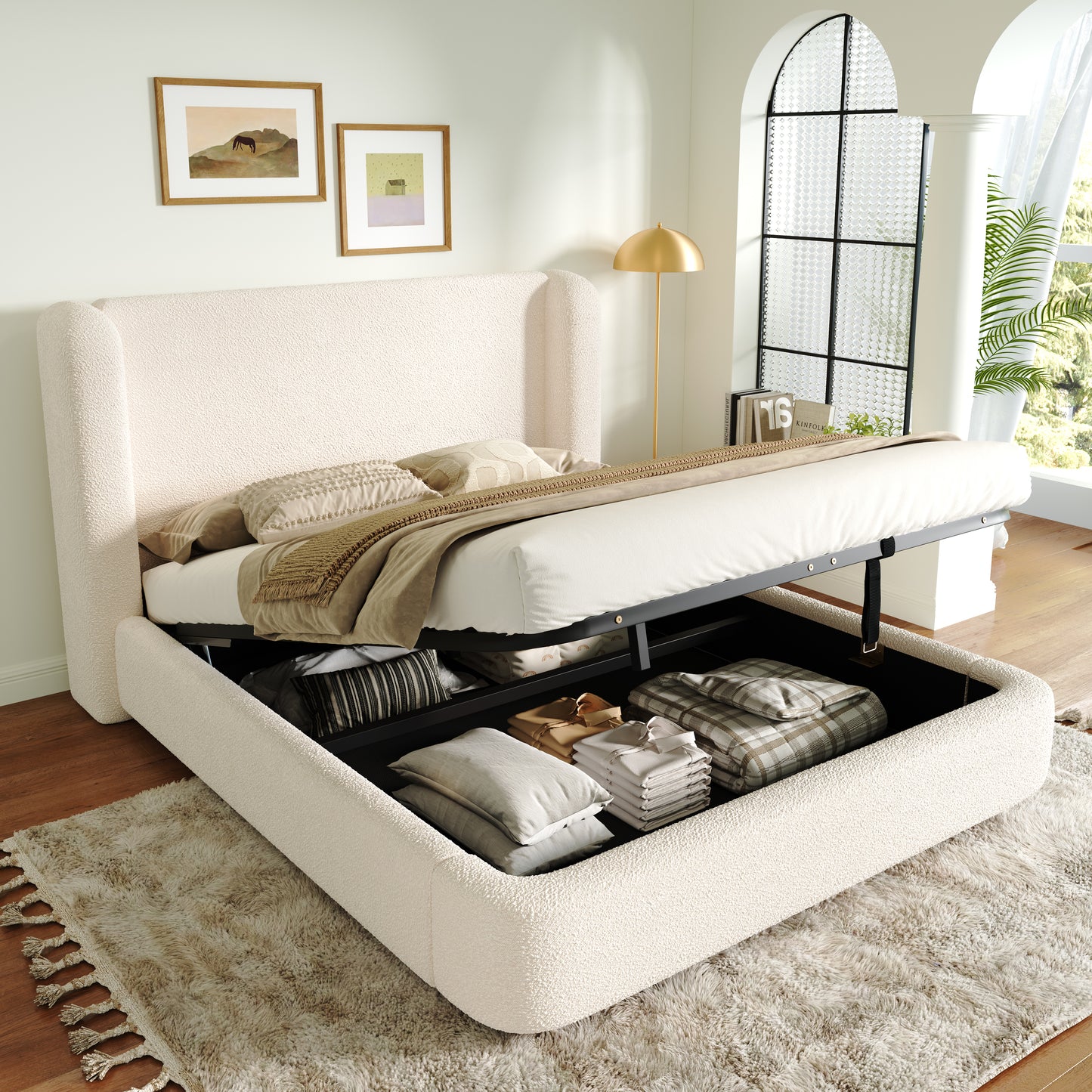 Polsterbett,Doppelbett,hydraulisches Funktionsbett,Bett mit Lattenrost, Kopfteil und  großem Stauraum, gepolstertes Kopfteil, Beige Bouclé, 180 x 200