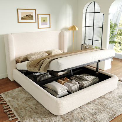 Polsterbett,Doppelbett,hydraulisches Funktionsbett,Bett mit Lattenrost, Kopfteil und  großem Stauraum, gepolstertes Kopfteil, Beige Bouclé, 180 x 200
