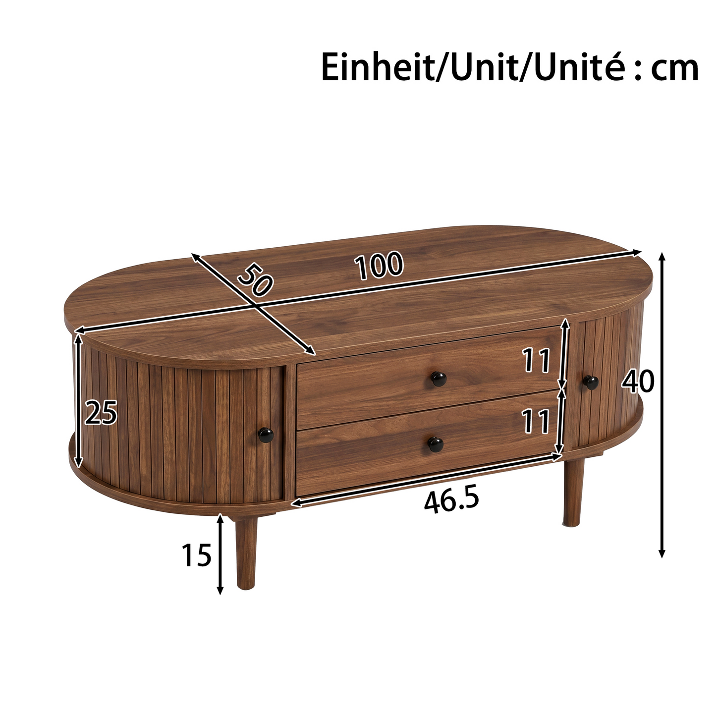 Couchtisch oval vertikale Leisten Schiebetüren 2 Schubladen MDF