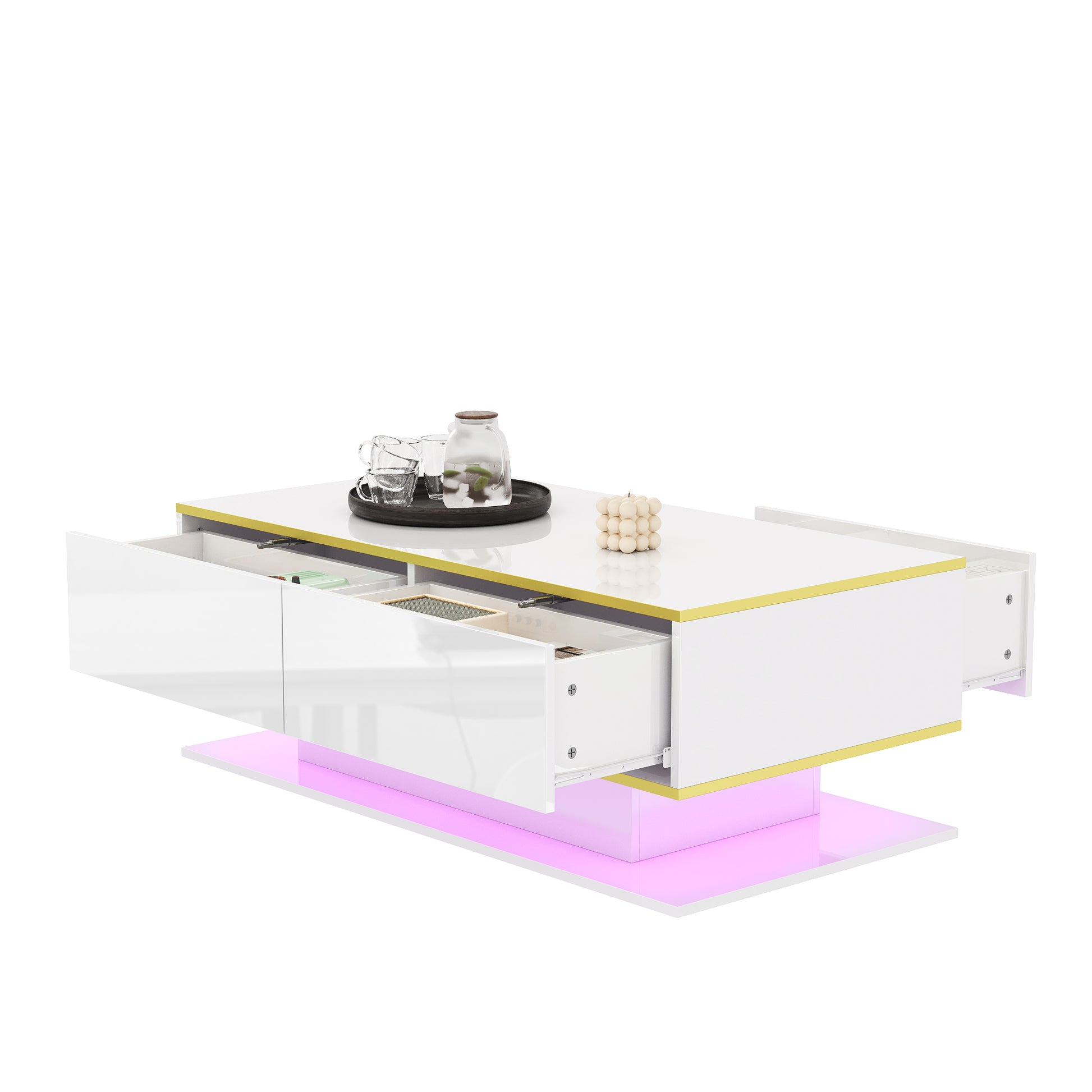 Gigab2b original image - Moderner LED-Couchtisch mit Hochglanz, 100 cm lang, Goldverzierung, 3 Schubladen & USB-LED-Lichtstreifen (Adapter/Powerbank erforderlich)