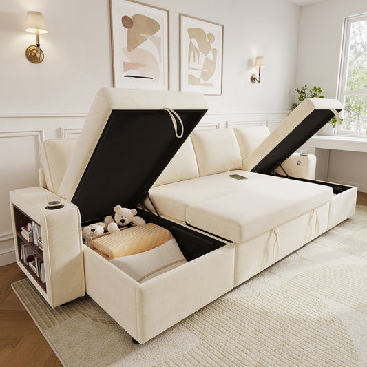 Gigab2b original image - U‑förmiges Ecksofa mit Schlaffunktion, ausziehbares Schlafsofa, integrierter Stauraum, doppelte Chaiselongue mit verstecktem Stauraum, Becherhalter, USB‑Ladeanschluss und Armlehnen‑Ablage,Beige