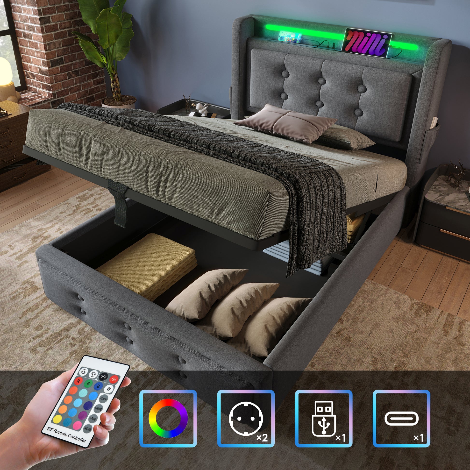 Gigab2b original image - Polsterbett 90x200, Einzelbett mit Led-Kopfteil und USB C Ladefunktion, Hydraulisches Bett mit Lattenrost aus Holz und Metallrahmen, Belastbarkeit 150 kg,Grau,Baumwolle(Ohne Matratze)