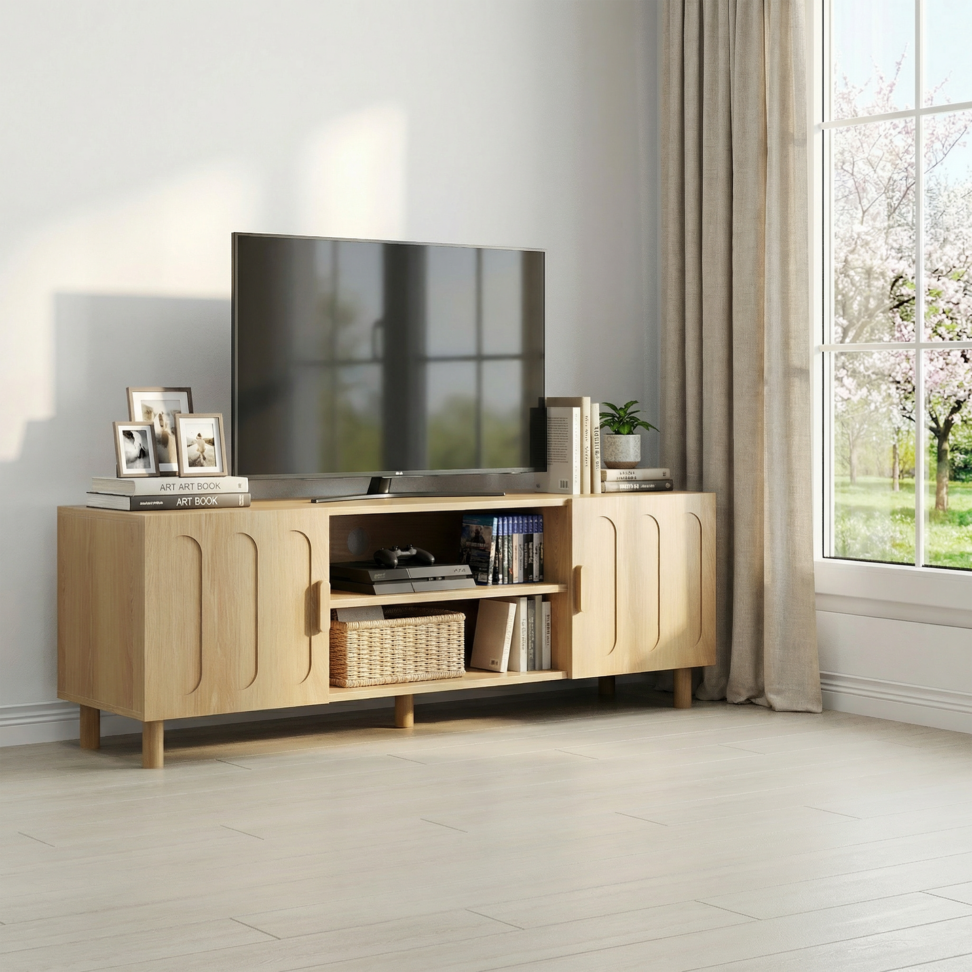 140 cm langer TV-Schrank im modernen Landhausstil der Mitte des Jahrhunderts, geeignet für 55/65-Zoll-Fernseher, mit Stauraum, kann als Medienkonsole im Wohn- und Schlafzimmer verwendet werden, in Eic