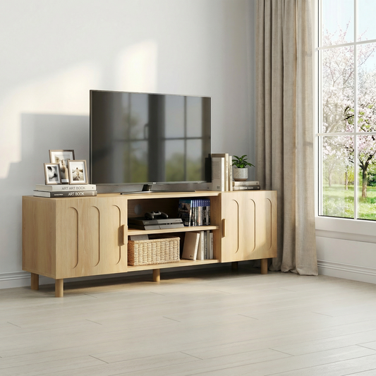 140 cm langer TV-Schrank im modernen Landhausstil der Mitte des Jahrhunderts, geeignet für 55/65-Zoll-Fernseher, mit Stauraum, kann als Medienkonsole im Wohn- und Schlafzimmer verwendet werden, in Eic