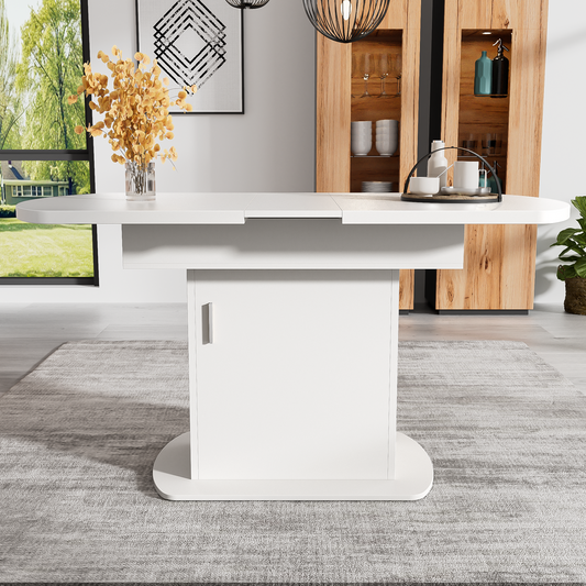 Ausziehbarer ovaler Esstisch, L110/130*W70*H75cm,Esstisch mit Stauraum, Kaffee-Freizeittisch, moderner minimalistischer Esstisch, platzsparender multifunktionaler Esstisch, weiß+silberner Griff