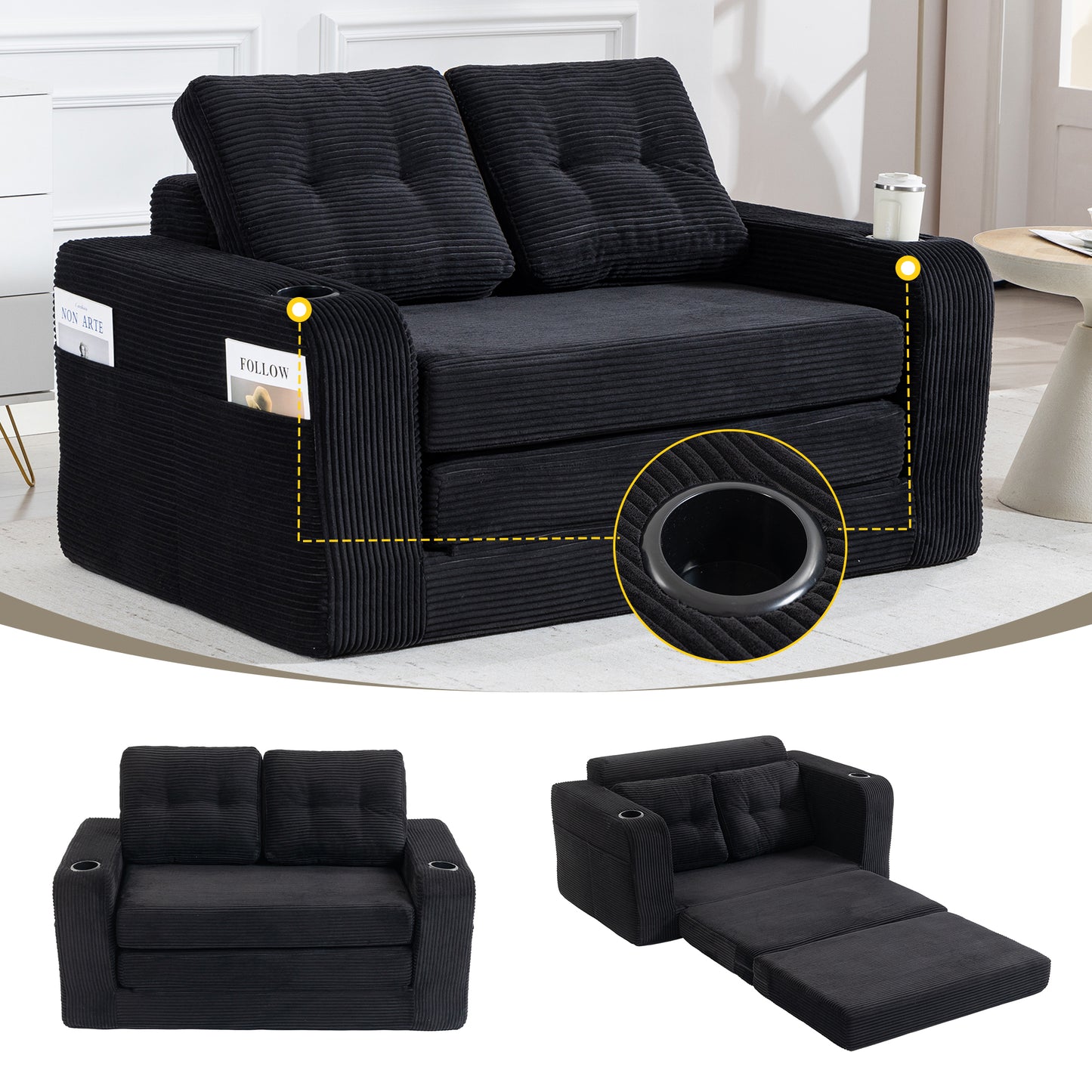 Gigab2b original image - Zweisitziges Sofa aus Cordstoff mit Getränkehaltern und Seitentaschen, umbaubarer Doppel-Sitzsack, rahmenloses Zweisitzer-Sofa mit gesteppten Kissen und Rückenlehne, großes Sitzsack-Sofa, geeignet für