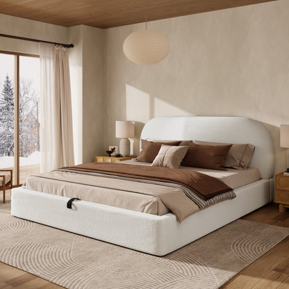 Polsterbett,Doppelbett,180 x 200cm, hydraulisches Funktionsbett,Bett mit Lattenrost, Kopfteil und großem Stauraum, gepolstertes Kopfteil, Inklusive Matratze, Beige Bouclé