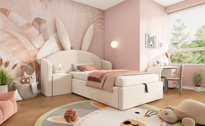 Jugendbett 90x200cm mit Bettkasten Hydraulisch, Polsterbett mit Nachttisch & Hasenohr-Design, Samtstoff Bettgestell, Beige (Ohne Matratze)
