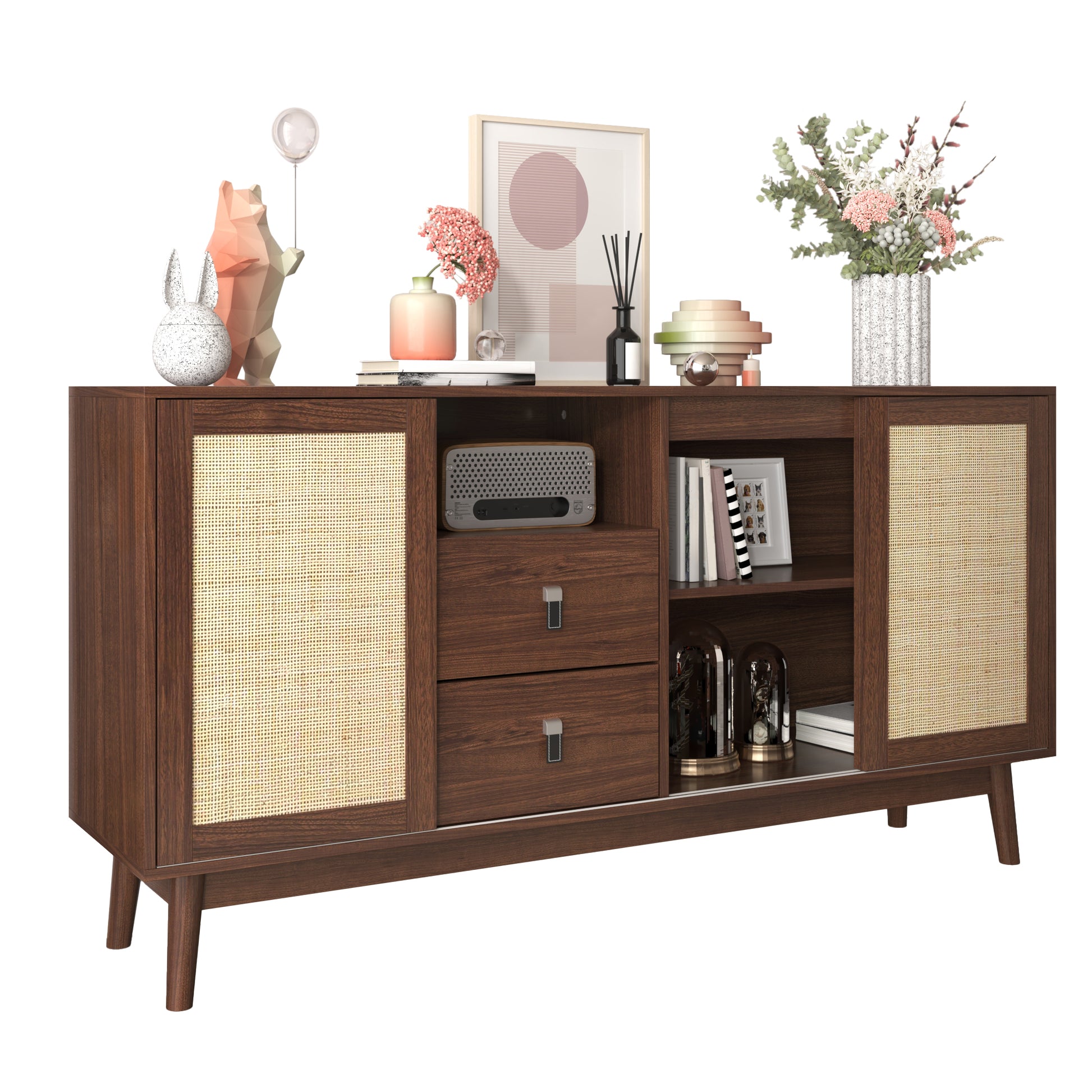 Gigab2b original image - Sideboard mit 3 Schiebetüren aus echtem Rattan und 2 Schubladen, 155x38x80 cm, atmungsaktiv, stabil und vielseitig