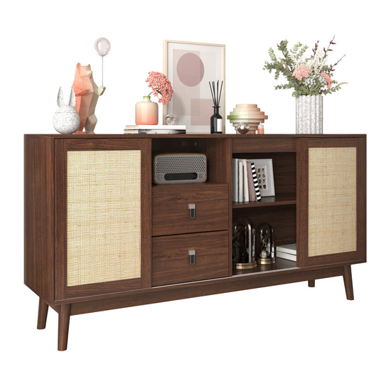 Gigab2b original image - Sideboard mit 3 Schiebetüren aus echtem Rattan und 2 Schubladen, 155x38x80 cm, atmungsaktiv, stabil und vielseitig