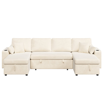 U‑förmiges Ecksofa mit Schlaffunktion, ausziehbares Schlafsofa, integrierter Stauraum, doppelte Chaiselongue mit verstecktem Stauraum, Becherhalter, USB‑Ladeanschluss und Armlehnen‑Ablage,Beige