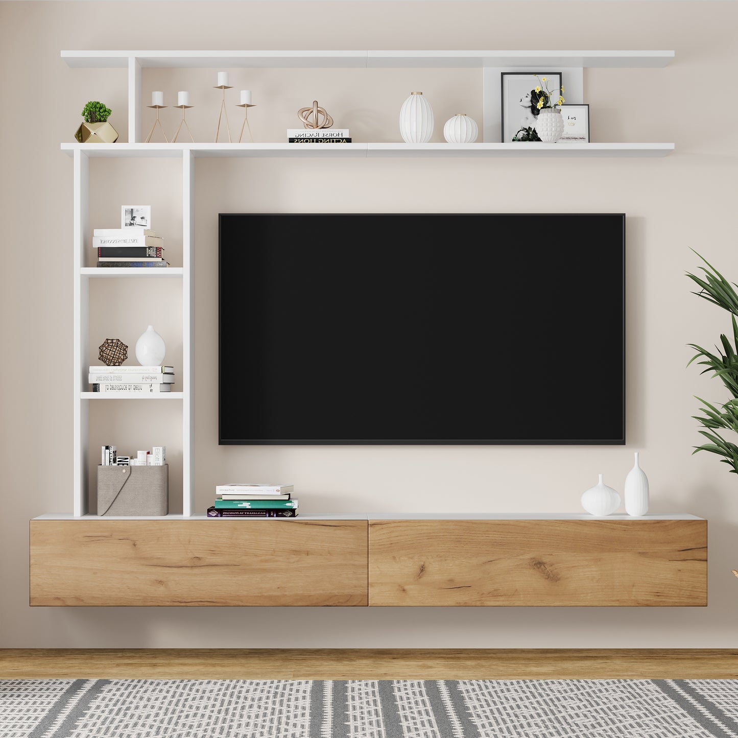 180*35*22.5cm TV Wohnwand-set mit Vitrinen,Mediawand inkl.TV-Board, Standregal und Wandregal,TV Wohnzimmermöbel-Set,TV-Schrank, stehend&hängend,TV bis 80',Weiß + Holzfarbe