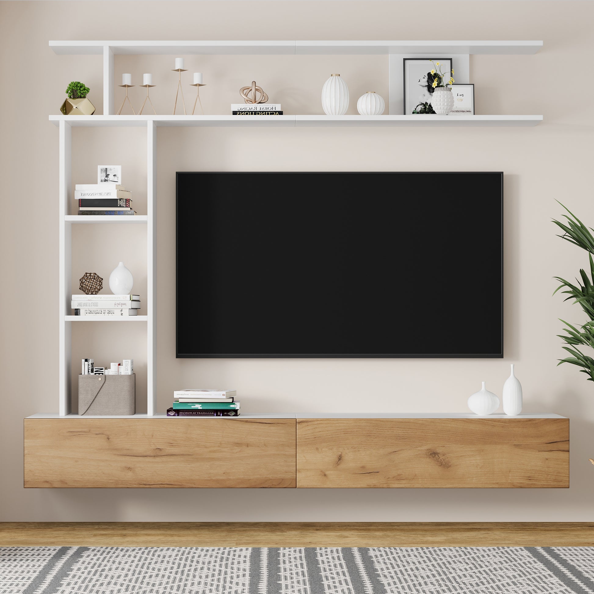 180*35*22.5cm TV Wohnwand-set mit Vitrinen,Mediawand inkl.TV-Board, Standregal und Wandregal,TV Wohnzimmermöbel-Set,TV-Schrank, stehend&hängend,TV bis 80',Weiß + Holzfarbe