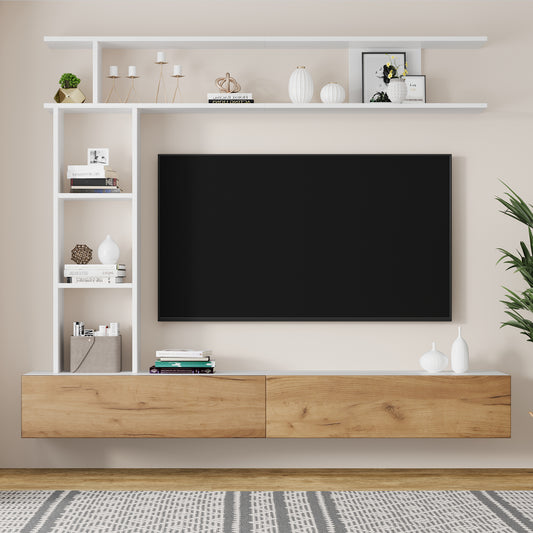 180*35*22.5cm TV Wohnwand-set mit Vitrinen,Mediawand inkl.TV-Board, Standregal und Wandregal,TV Wohnzimmermöbel-Set,TV-Schrank, stehend&hängend,TV bis 80',Weiß + Holzfarbe