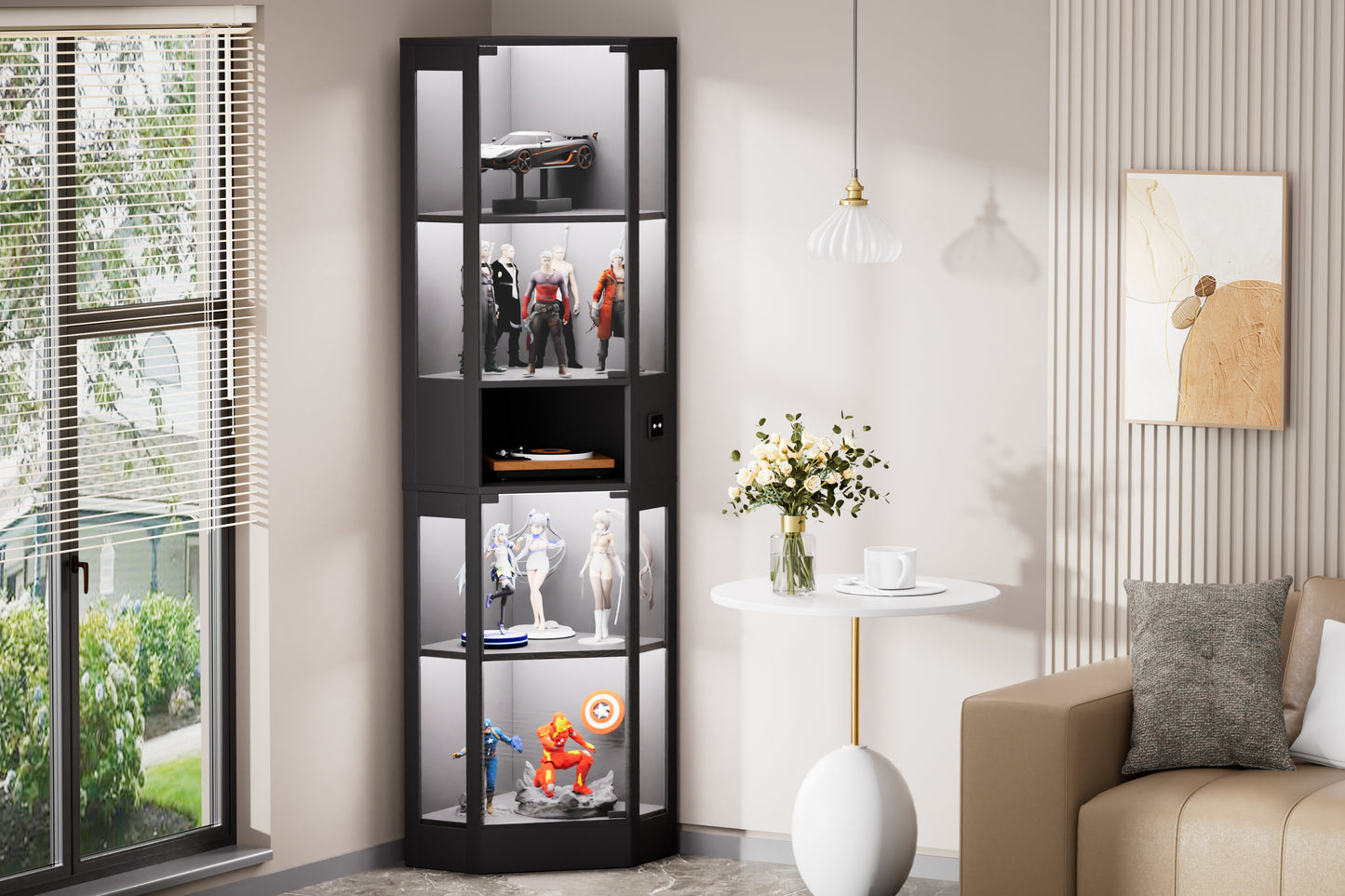 Funfstockige Glasvitrine mit Stauraum, LED-Beleuchtung, Glasturen und intelligenten Sensoren Geeignet fur