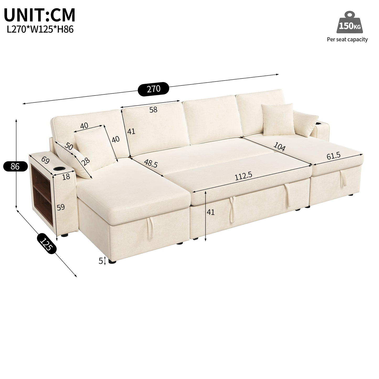 U‑förmiges Ecksofa mit Schlaffunktion, ausziehbares Schlafsofa, integrierter Stauraum, doppelte Chaiselongue mit verstecktem Stauraum, Becherhalter, USB‑Ladeanschluss und Armlehnen‑Ablage,Beige
