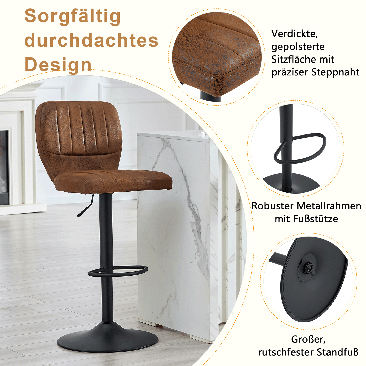 Ergonomic Height-Adjustable Swivel Bar Stool with Backrest and Footrests