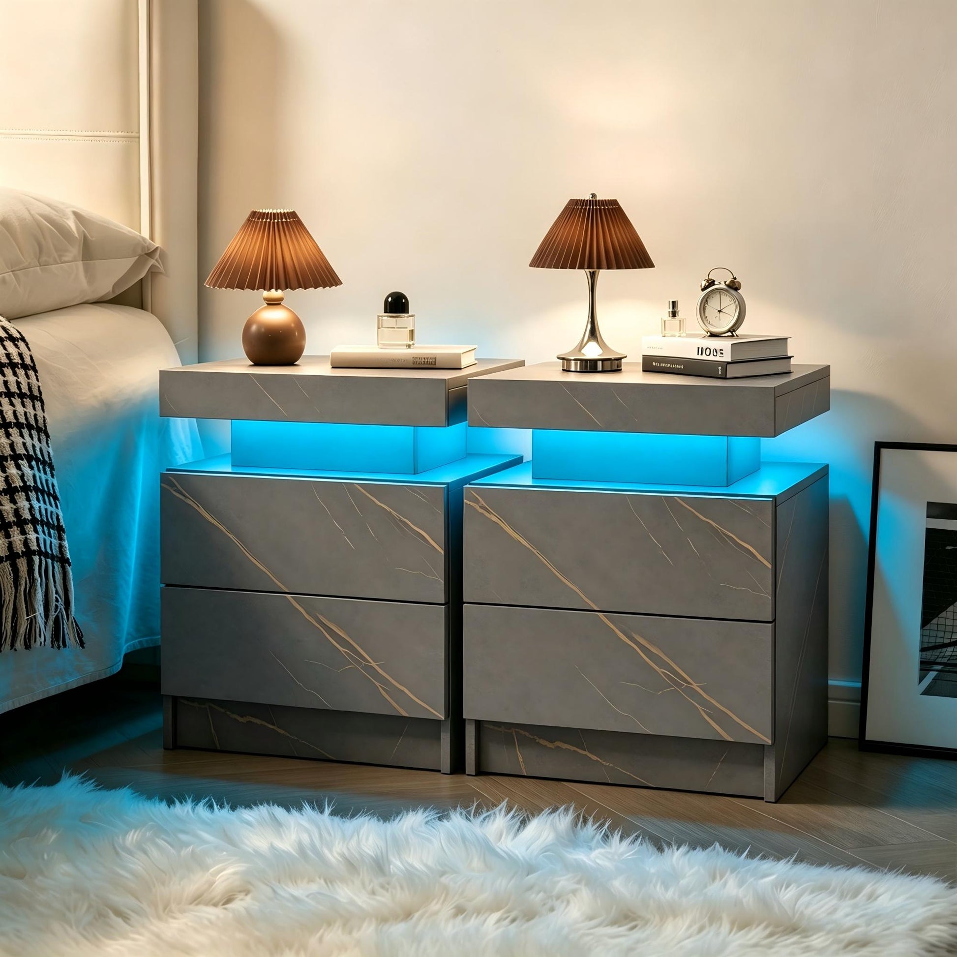 Gigab2b original image - LED Nightstands Set of 2, Bedside Table Cabinet Lights Modern End Side with 2 Drawers for Bedroom (Grey Gold)
