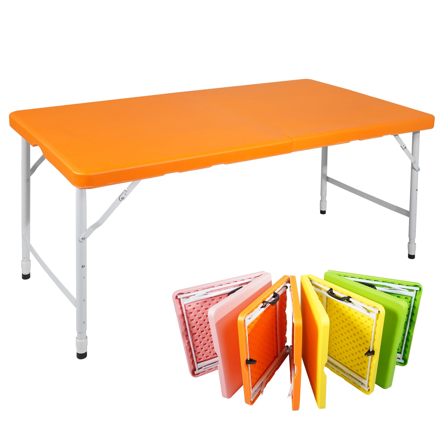 125cm Portable Heavy Duty Folding Table with Handle, Adjustable Height Foldable Table, Multi-Functional Fold up Table for Camping Picnic Parties Indoor/Outdoor, Capacity Weight 135KG (Orange)