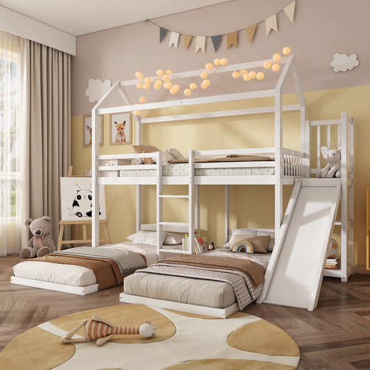 Gigab2b original image - [N622T148589W]Etagenbett, Kinderbett, Stabile Bettrahmenkonstruktion, mit Rutsche, Einzigartiges Dachdesign, Design mit drei Schlafplätzen, Stauraum im oberen Bett, Kiefer+MDF, weiß, 90x200cm