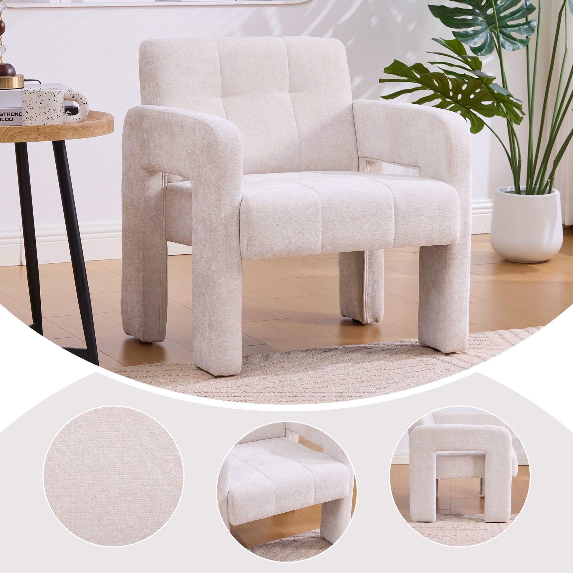 Gigab2b original image - Modern Minimalist Casual Single Armchair Living Room, Bedroom, Office Area Upholstered Chair Comfortable Padded Armchair Nordic Style Casual Seating(Beige Chenille)