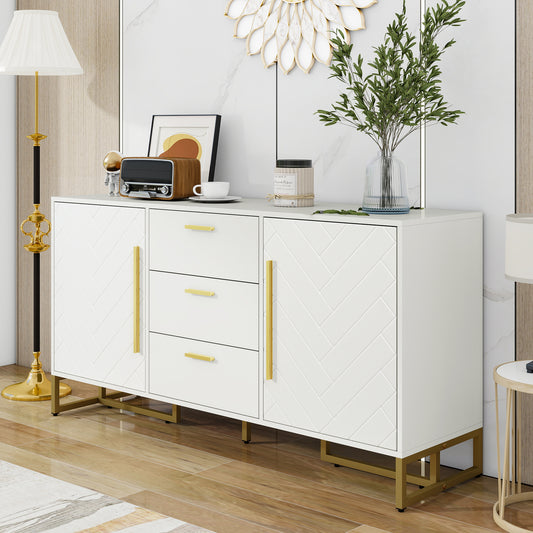 Gigab2b original image - Weißes elegantes Sideboard mit Fischgrätenmuster, mit 2 Türen und 3 Schubladen für Esszimmer, Küche und Wohnzimmer (Weiß)