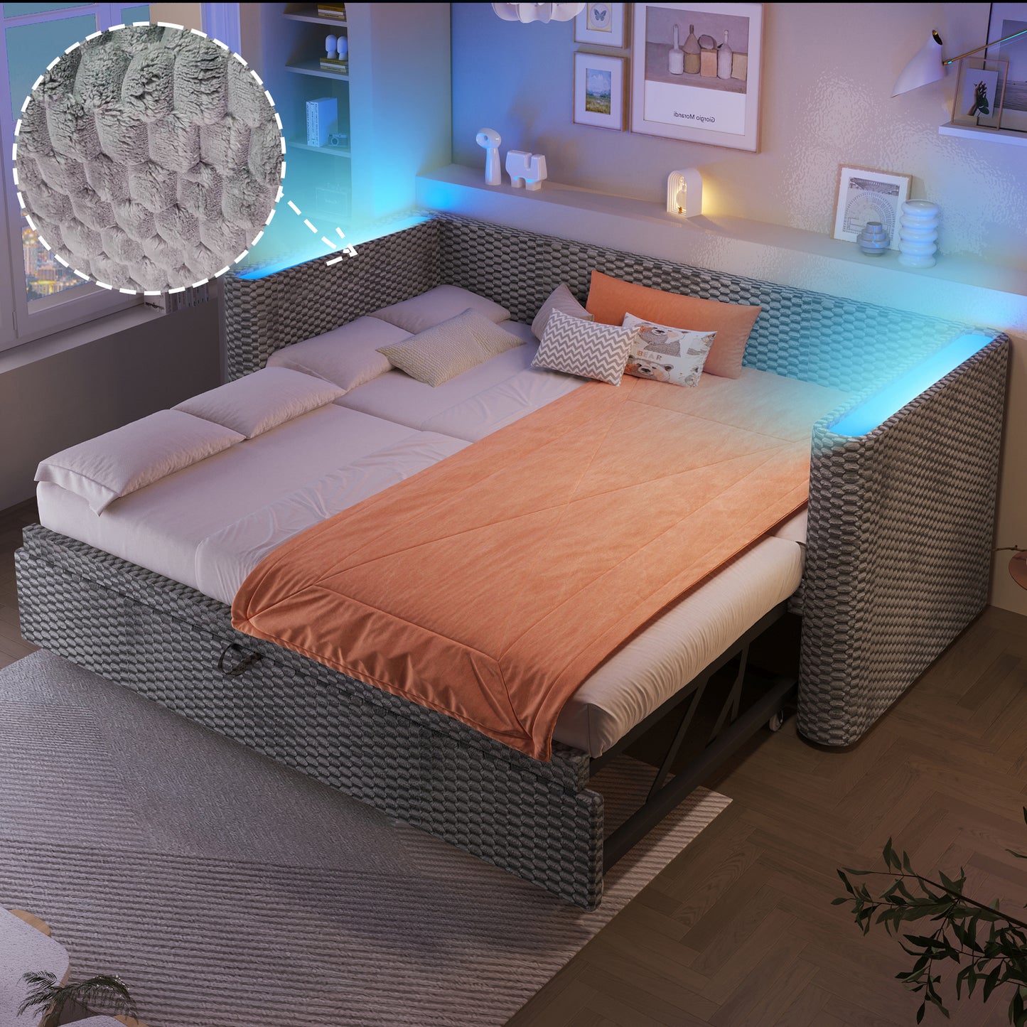 Gigab2b original image - Tagesbett, Daybett, Schlafsofa, 90 × 200 cm, 180 × 200 cm, multifunktionales Ausziehbett-Design mit LED-Lichtleiste, Lattenrost (ohne Matratze), Samt, Grau