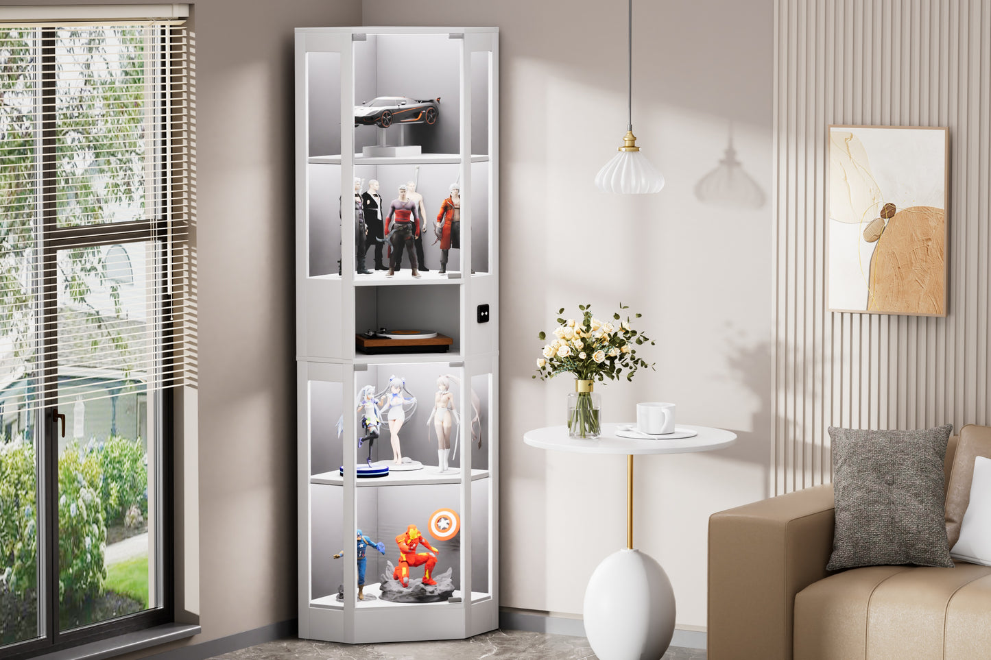 Funfstockige Glasvitrine mit Stauraum, LED-Beleuchtung, Glasturen und intelligenten Sensoren Geeignet fur