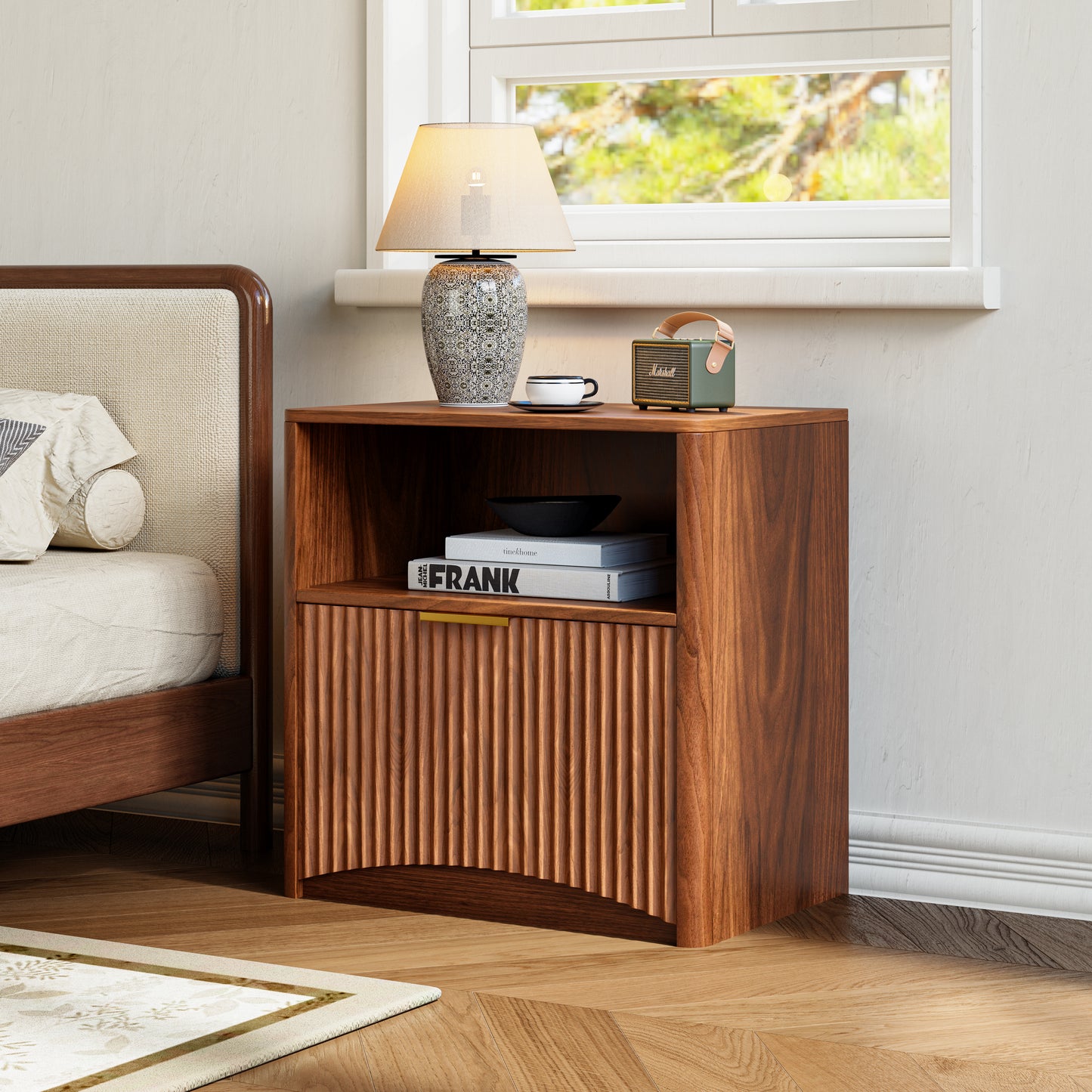 Space-Saving Golden Nightstand with Open Drawer