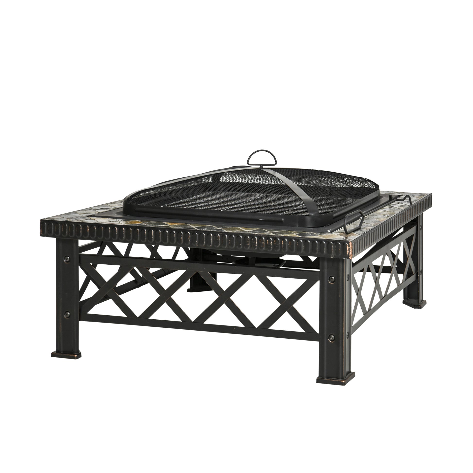 3-in-1 Feuerschale Feuerkorb Feuerstelle mit Funkenschutz, Grillrost & Eiskübel für Garten BBQ Schwarz 76x76x47cm