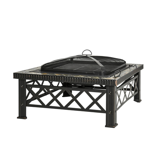 3-in-1 Feuerschale Feuerkorb Feuerstelle mit Funkenschutz, Grillrost & Eiskübel für Garten BBQ Schwarz 76x76x47cm