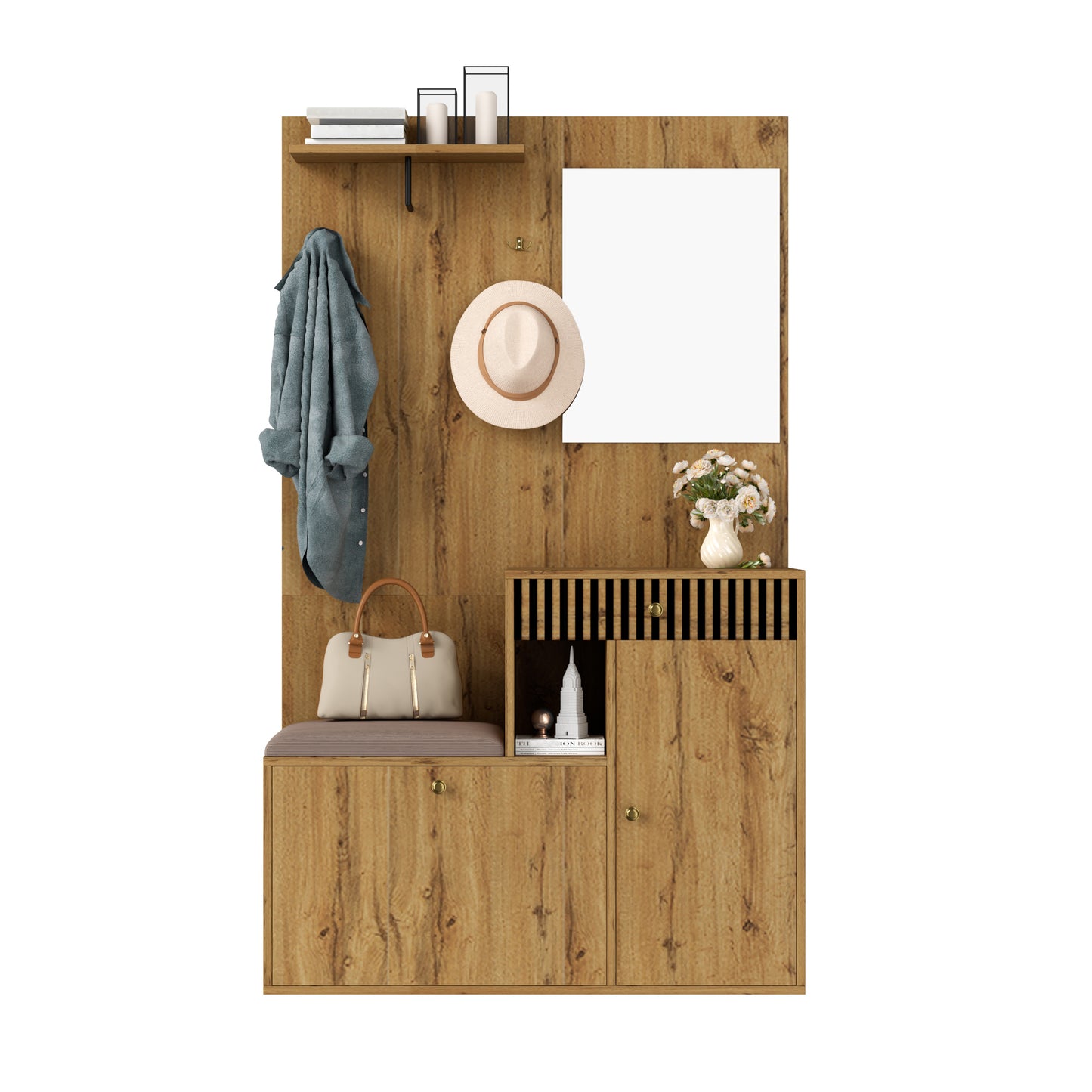 Gigab2b original image - Garderobenset, Kompaktgarderobe, Flurgarderobe mit Spiegel und Polsterkissen, Flurschrank, Wohnwand, Regal, Flur- und Dielengarderobenpaneele, Schuhschrank, (B x H x T): 110 x 185,5 x 37 cm