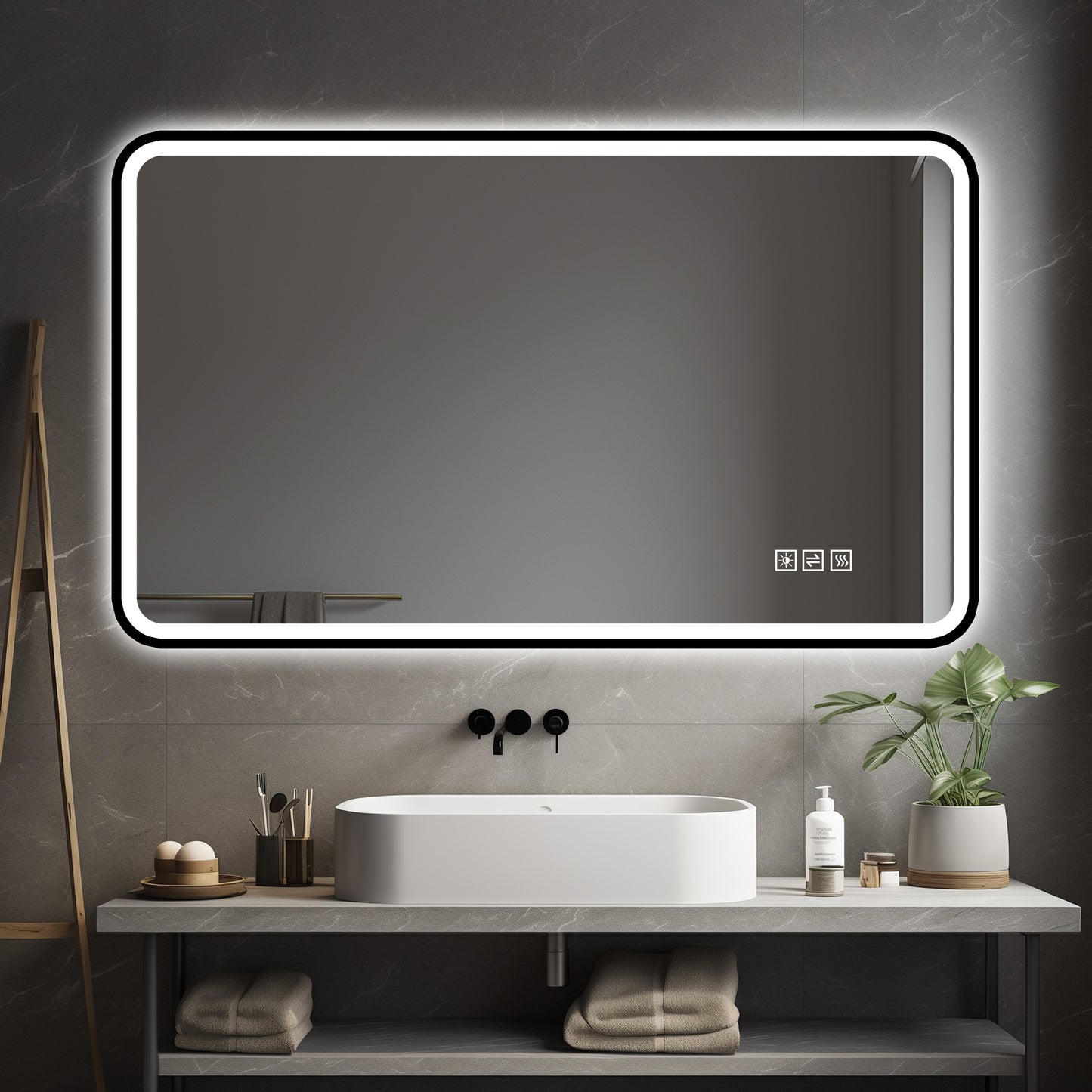 70×90cm LED Badezimmerspiegel mit schwarzem Aluminiumrahmen, Front- & Hintergrundbeleuchtung, Anti-Beschlag, 3 Lichtfarben, dimmbar, Memory-Funktion, horizontal & vertikal montierbar, IP44 wasserdich