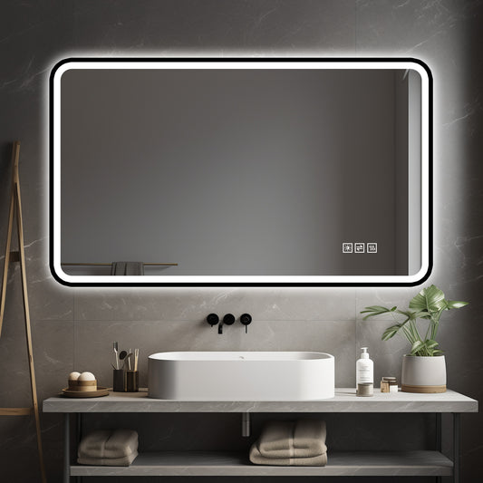 70×90cm LED Badezimmerspiegel mit schwarzem Aluminiumrahmen, Front- & Hintergrundbeleuchtung, Anti-Beschlag, 3 Lichtfarben, dimmbar, Memory-Funktion, horizontal & vertikal montierbar, IP44 wasserdich