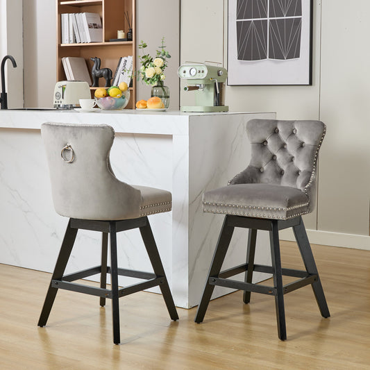 Gigab2b original image - Swivel Velvet Barstools with Button Tufted Decoration and Wooden Legs, and Chrome Nailhead Trim, Leisure Style Bar Chairs,Bar stools, Set of 2 (Gray),DE1860GY