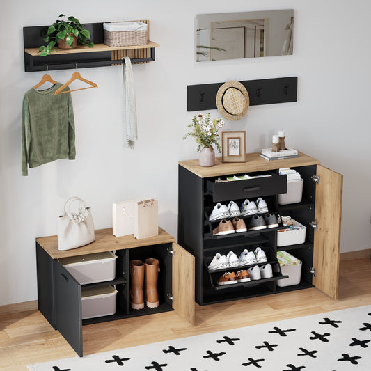 Gigab2b original image - Garderoben-Set, Schrank,  Kommode, Spiegel, 2 Schuhschrank, ohne Dekoration, Garderobenpaneel mit Spiegel, Hutablage und 4 Haken,Schuhschrank mit Schuhbank, Flur mit Stauraumtrennwand