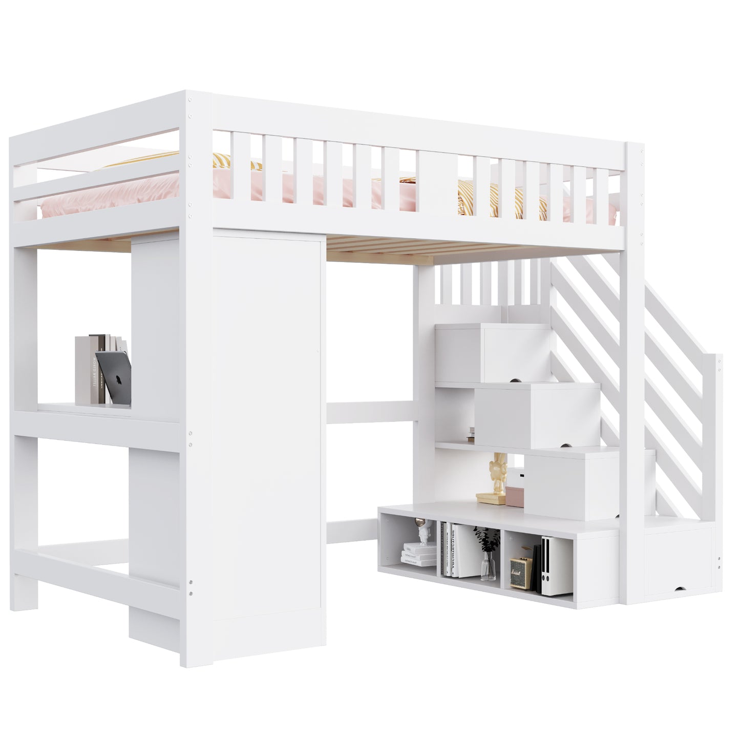 Wooden Bed, Stairs with Storage, and Desk Set