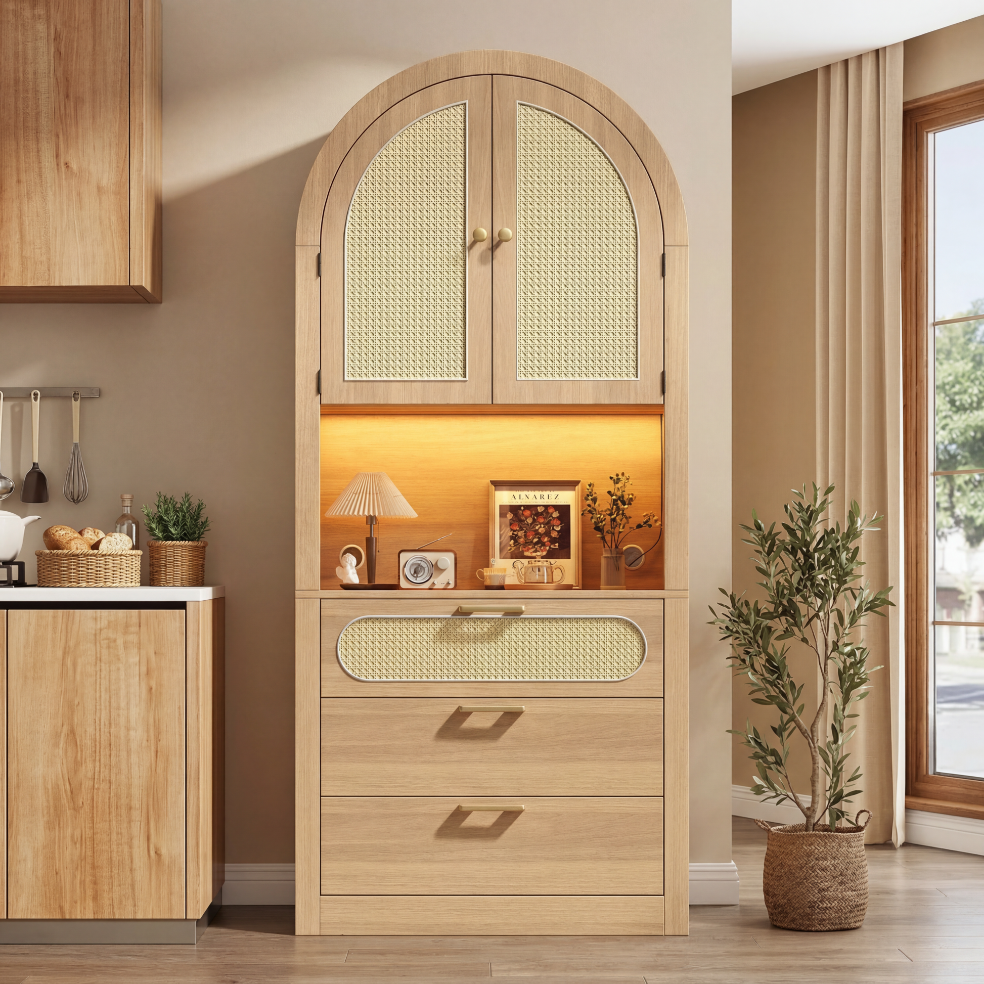 Gigab2b original image - Moderner gewölbter Vitrinen- und Aufbewahrungsschrank, 180 cm hoch, verstellbare LED, Rattantüren, 1 Displayfach + 2 Ablagefächer + 3 Schubladen, für Wohnzimmer und Flur, Hell-Eiche, 80 x 35 x 180 cm