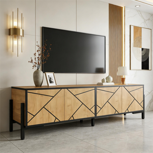 153 x 40 x 50 cm großer TV-Schrank,lowboard,TV-Ständer mit 4 Türen, kontrastierendem geometrischem Design, geeignet für Fernseher um die 65 Zoll, in natürlicher Holzfarbe mit schwarzen Linien.
