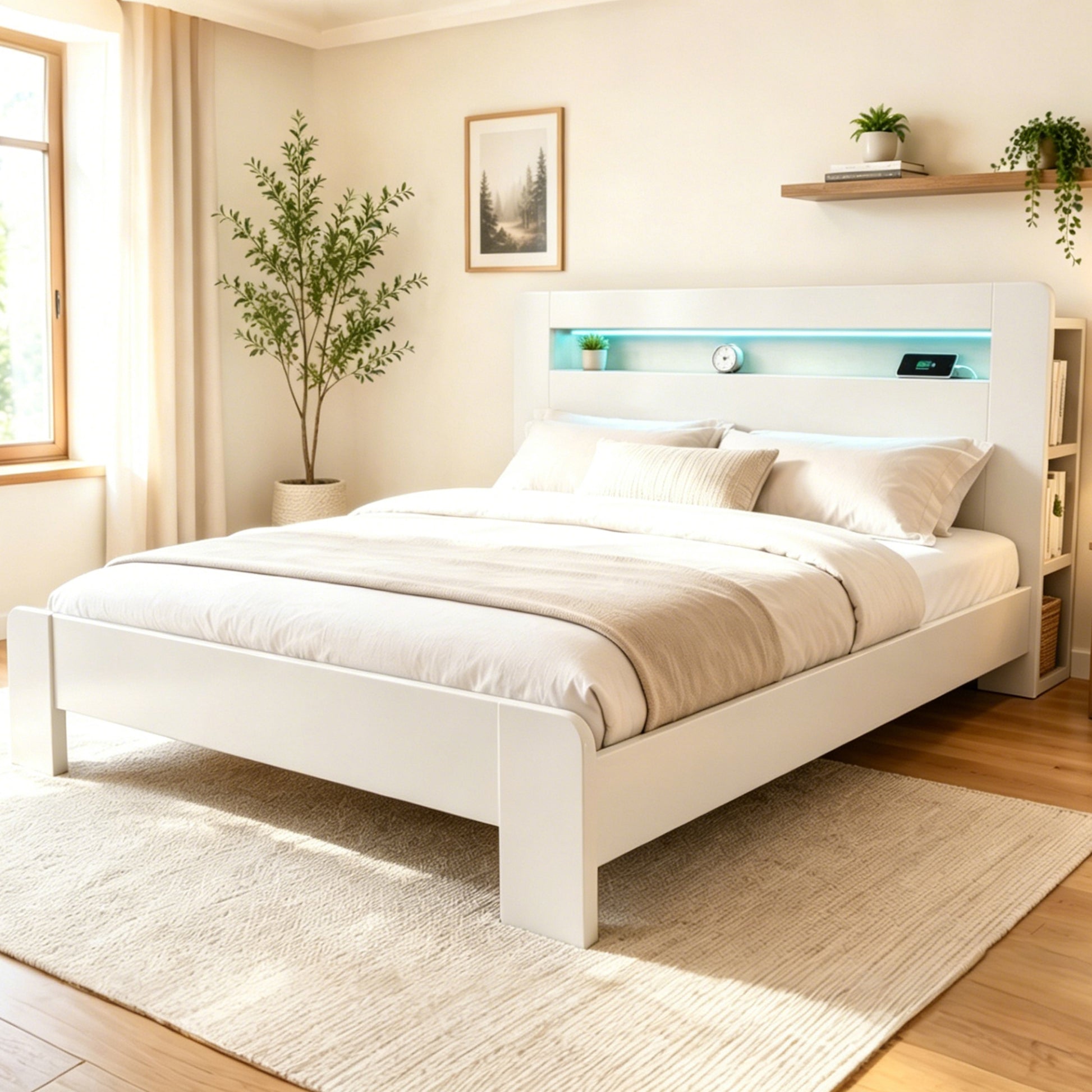 Bettgestell aus Holz mit Stauraum im Kopfteil, LED-Beleuchtung, integrierten Steckdosen, modernes Plattformbett in Weiß180 x 200 cm