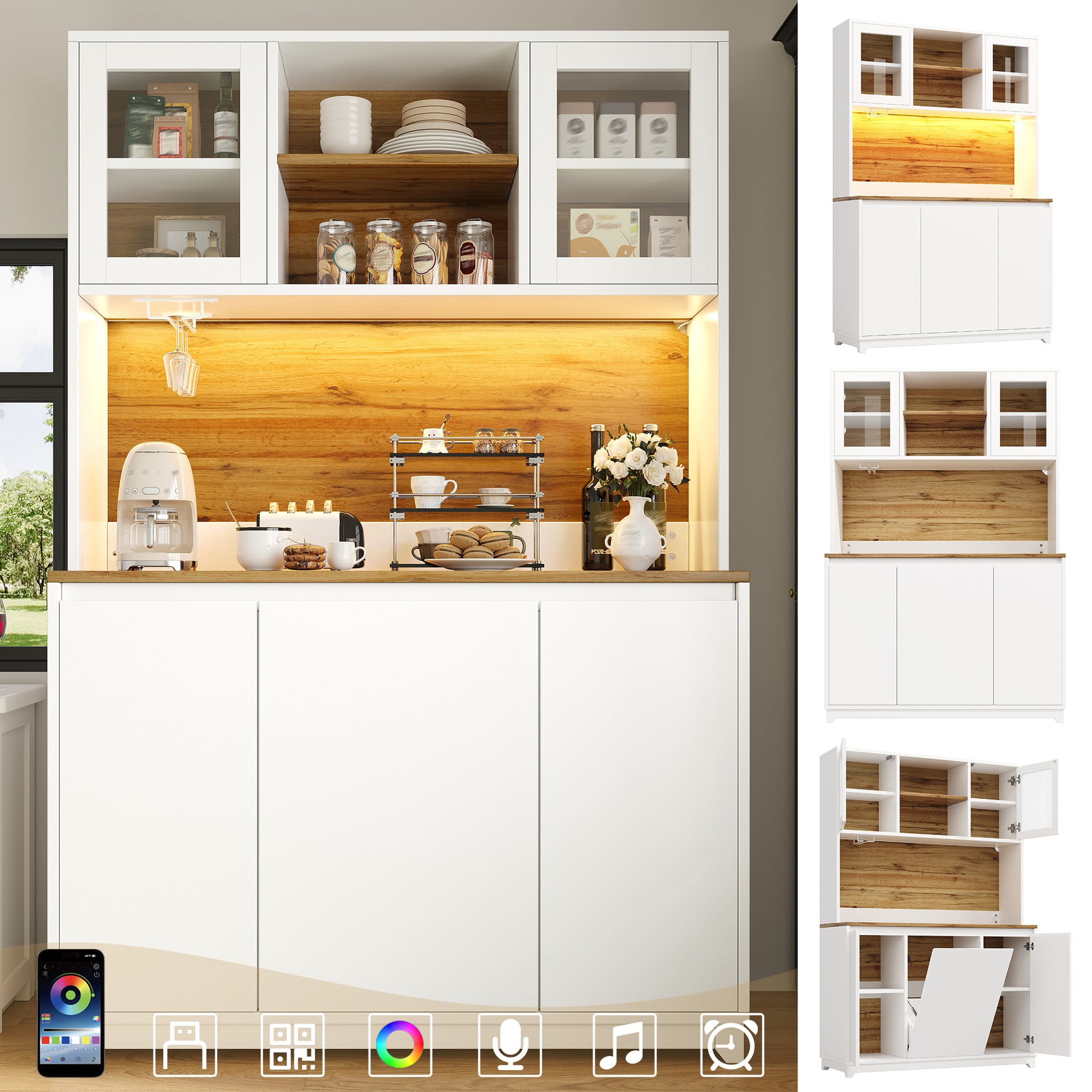 Gigab2b original image - Küchenschränke (120 × 40 × 180 cm), hohe Küchenbeistelltische, Sideboards, Küchenschränke mit Acryltüren und LED-Beleuchtung,Weiß